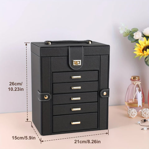 Women's Multi-functional Jewelry Box: Built-in Mirror, Multi-layer Drawer Storage, Side Hooks to Prevent Tangling and Protect Accessories.black