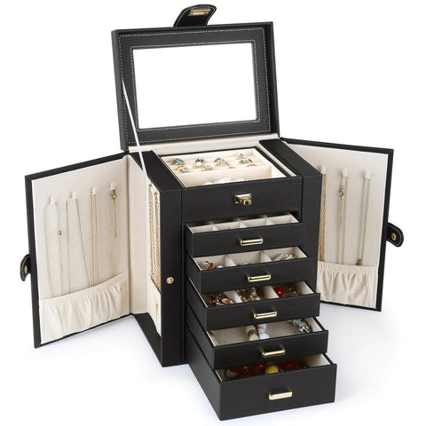 Women's Multi-functional Jewelry Box: Built-in Mirror, Multi-layer Drawer Storage, Side Hooks to Prevent Tangling and Protect Accessories.White