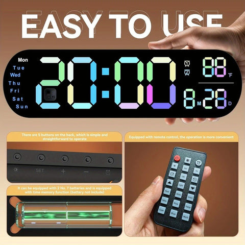 13.7" Large LED Digital Wall Clock - Auto Dimming, Temperature Display, Ideal for Bedroom & Office(5502BLUE)