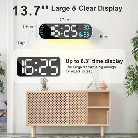 13.7" Large LED Digital Wall Clock - Auto Dimming, Temperature Display, Ideal for Bedroom & Office(5502 Deep pink)