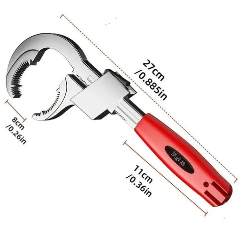 Large-Open Adjustable Basin Wrench, 3-Head Interchangeable Tight-Space Plumbing Tool, Aluminum Alloy Anti-Slip Home Maintenance Tool（Red handle）