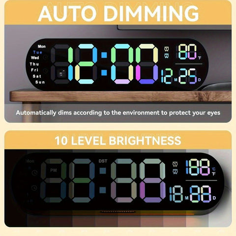 13.7" Mirror LED Digital Clock | Auto-Dim, RGB, Temp/Humidity Sensor - Smart Bedroom/Desk Clock（colorful）