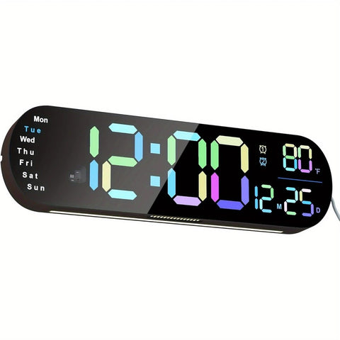 13.7" Mirror LED Digital Clock | Auto-Dim, RGB, Temp/Humidity Sensor - Smart Bedroom/Desk Clock（colorful）