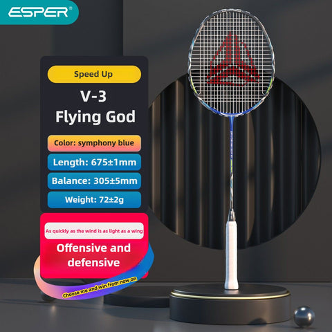 ESPER V3 Badminton Racket 72g Ultra-Light 6U Graphene Carbon All-Around Professional Match Training Durable Stylish Racket（silver)