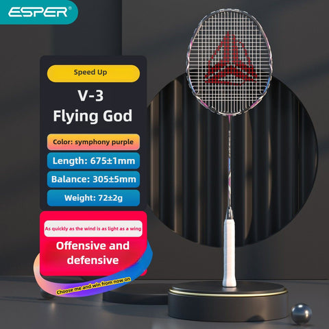 ESPER V3 Badminton Racket 72g Ultra-Light 6U Graphene Carbon All-Around Professional Match Training Durable Stylish Racket（silver)