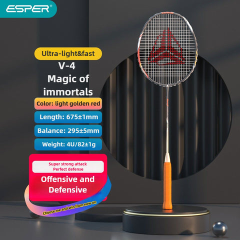 ESPER V4 Badminton Racket 82g Lightweight 4U Full Carbon Fiber All-Around Professional Match Training Durable Stylish Racket(Fluorescent yellow-green)