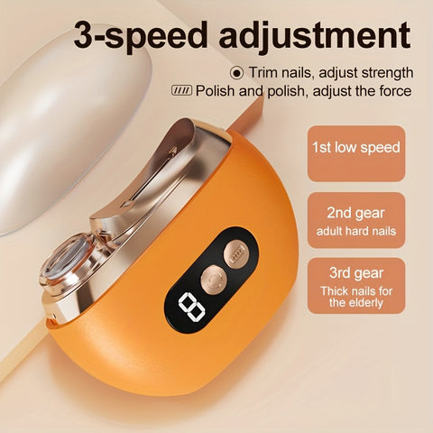 Smart Electric Nail Clipper 2-in-1 Polishing & Trimming Tool, USB rechargeable with 500mAh lithium polymer battery. Features anti-cut protection, grinding, and illumination functions, suitable for nail care, filing, polishing, and shaping.yellow