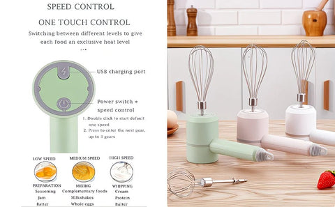 Pink  Wireless charging handheld mixer, 30W with three-speed settings. Dual whisk heads designed for whipping eggs, cream, and batter. Suitable for both kitchen and outdoor use, also an ideal gift.
