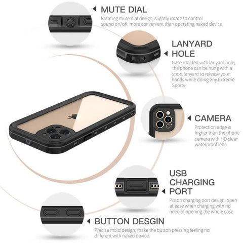 IP68 Waterproof Case for iPhone 15 14 13 12 11 Pro Max XS Max XR 7 8 RedPepper Transparent Protection Diving Underwater Swimming Outdoor Sports Black Black i-Phone 15