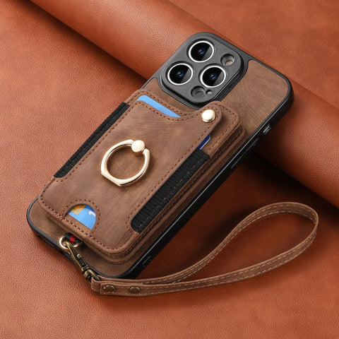 Mobile Phone Leather Case Compatible with iPhone RFID Anti-Theft Swipe Loop Buckle Rope Multifunctional Card Holder Black [With Leather Strap] Black [With Leather Lanyard]] iPhone 15 Pro Max