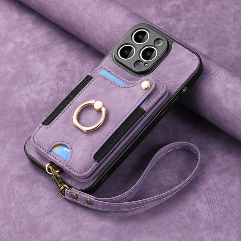 Mobile Phone Leather Case Compatible with iPhone RFID Anti-Theft Swipe Loop Buckle Rope Multifunctional Card Holder Black [With Leather Strap] Black [With Leather Lanyard]] iPhone 15 Pro Max