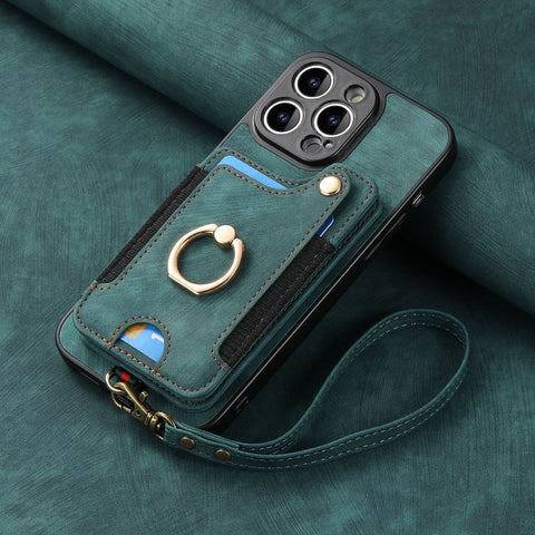 Mobile Phone Leather Case Compatible with iPhone RFID Anti-Theft Swipe Loop Buckle Rope Multifunctional Card Holder Black [With Leather Strap] Black [With Leather Lanyard]] iPhone 15 Pro Max