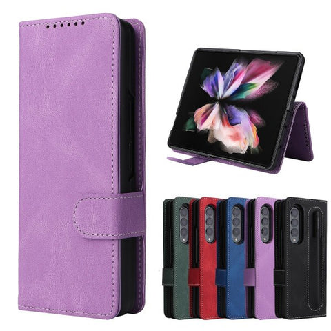 Full Protective Magnetic Leather Case Compatible with Samsung Galaxy Z Fold 3 with Card Slot Stand. Blue