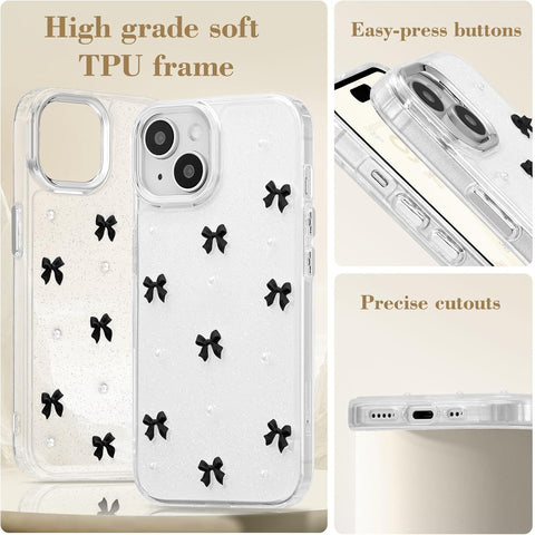 Compatible with iPhone 15 Plus, Bling Glitter 3D Bowknot Phone Case Cute Sparkly Crystal Clear Bowknot Slim Soft Durable Protective Case Black iPhone 15 Plus