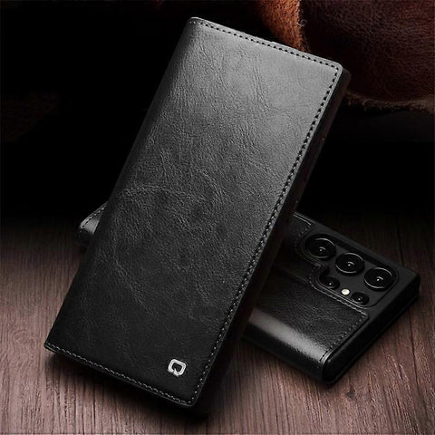 Compatible with Samsung Galaxy S24 Ultra Mobile Case Wallet Case Flip Stand Phone Protection Genuine Leather Black