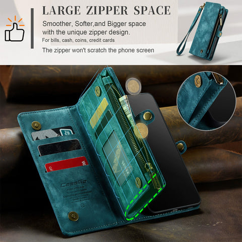 Detachable 2-in-1 Wallet Case for iPhone16, Samsung with Card Holder, Retro Premium Flip Leather Case Magnetic Zipper Pocket Mobile Phone Case Dark Pink iPhone16 Plus