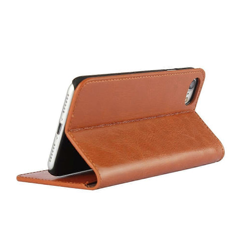For iPhone SE (2020)/SE (2022)/8/7 4.7 inch Oil-Rimmed Crazy Horse Genuine Leather Attached Hard PC Inner Case Wallet Stand Flip Phone Case Brown