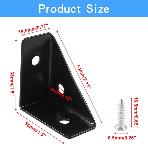 12pcs Angle Corner Shelf Bracket 38mm x 38mm, Cold Rolled Steel Corner Support, Triangular Bracket with Screws for Desk Bed Corner (Black)