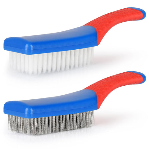 Wire Brush 2 Pack, Multi-Purpose Stainless Steel Scratch Bristle & Nylon Abrasive Brush Set for Cleaning Heavy Duty Metal Rust, Scrubbing Dirt & Paint Removal with Rubber Covered Curved Handle