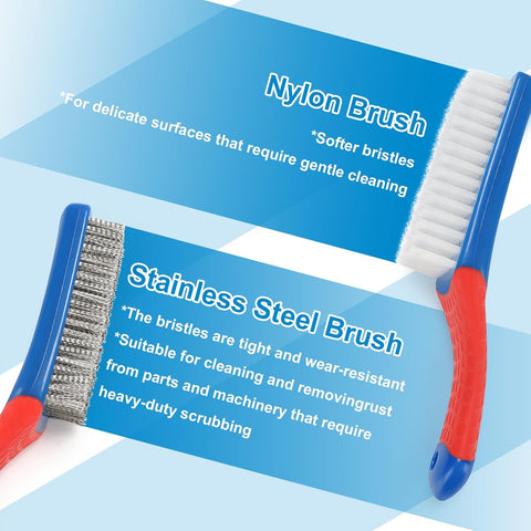 Wire Brush 2 Pack, Multi-Purpose Stainless Steel Scratch Bristle & Nylon Abrasive Brush Set for Cleaning Heavy Duty Metal Rust, Scrubbing Dirt & Paint Removal with Rubber Covered Curved Handle