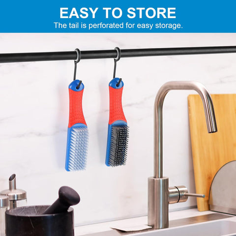 Wire Brush 2 Pack, Multi-Purpose Stainless Steel Scratch Bristle & Nylon Abrasive Brush Set for Cleaning Heavy Duty Metal Rust, Scrubbing Dirt & Paint Removal with Rubber Covered Curved Handle