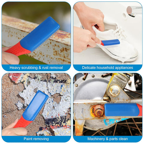 Wire Brush 2 Pack, Multi-Purpose Stainless Steel Scratch Bristle & Nylon Abrasive Brush Set for Cleaning Heavy Duty Metal Rust, Scrubbing Dirt & Paint Removal with Rubber Covered Curved Handle