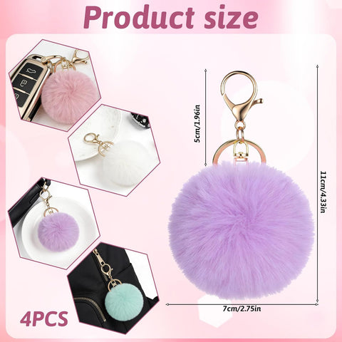 4 Pcs Pom Pom Keychains, Artificial Fur Ball Keychain Charms Ball Keyrings, Soft Fluffy Plush Tote Pendant Pompom Key Chains, Cute Colorful Car Bag Charm Purse Bag Accessories for Women (4 Colors)