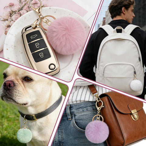 4 Pcs Pom Pom Keychains, Artificial Fur Ball Keychain Charms Ball Keyrings, Soft Fluffy Plush Tote Pendant Pompom Key Chains, Cute Colorful Car Bag Charm Purse Bag Accessories for Women (4 Colors)