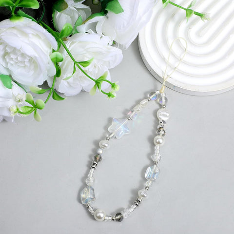 Beaded Camera Strap Wrist Cute Glass Beads Star Digital Phone Wrist Charms, Y2k Style Pearl Camera Charm Strap for Phone Case Bag Keychain Wallet(Silver-White)