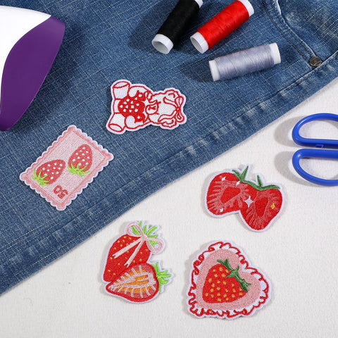 12PCS Strawberry Iron on Patches,Cute Patches Iron on Fruit Bow Embroidered Patch for Clothing Backpack Hat Bags