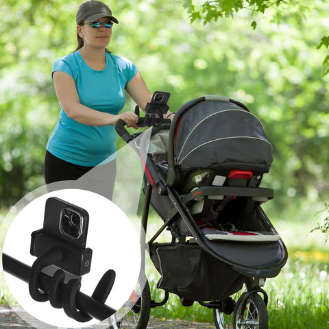 Amylove 2 Pcs Stroller Phone Holder Portable Cell Phone Holder Stand Universal Stroller Accessories for Parent Baby Toddler Cellphone Clamp with Non Slip Silicone Arm Grip(Black,Novel)