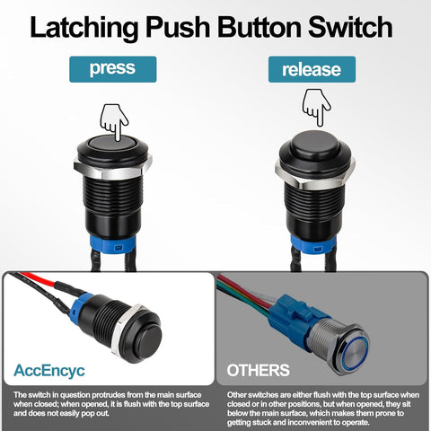 12mm Latching Push Button Switch - Raised Head, Normally Open ON - Off, with Pre - soldered Cable, Aluminium Alloy Shell, for 12V/24V/36V/110V, Waterproof IP66, Without LED (10PCS)
