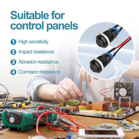 12mm Latching Push Button Switch - Raised Head, Normally Open ON - Off, with Pre - soldered Cable, Aluminium Alloy Shell, for 12V/24V/36V/110V, Waterproof IP66, Without LED (10PCS)