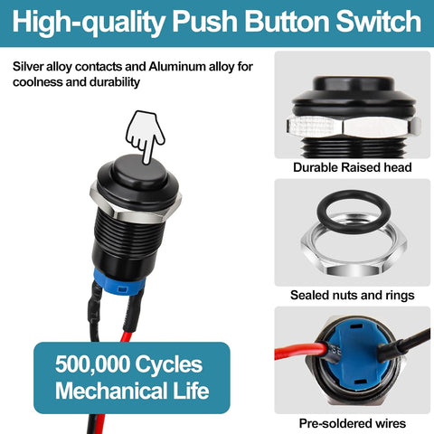 12mm Latching Push Button Switch - Raised Head, Normally Open ON - Off, with Pre - soldered Cable, Aluminium Alloy Shell, for 12V/24V/36V/110V, Waterproof IP66, Without LED (10PCS)