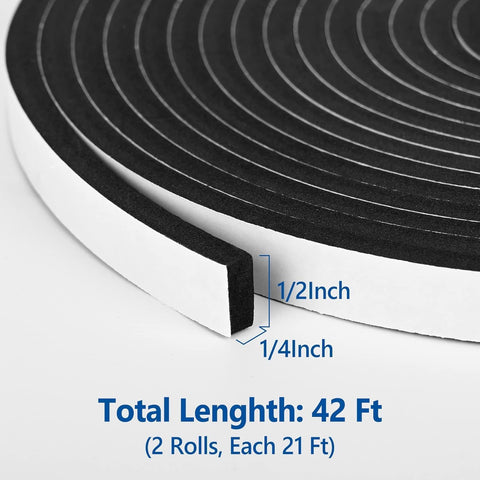 Self Adhesive Foam Tape Weatherstrip 1/2In x 1/4In x 42Ft High Density Foam Insulation Strips Seal Weather Stripping with Strong Adhesive for Door and Window Sound Isolation Soundproofing