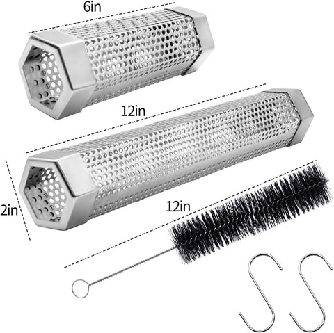 Pellet Smoker Tube Set, 6" & 12" Stainless Steel BBQ Wood Smoker Tube with Brush and 2 Hooks for 2.5hrs/5hrs of Billowing Cold/Hot Smoking for All Grills or Smokers, Smoking Cheese Beef Nuts Fish