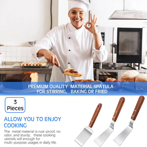 3 Pieces Stainless Steel Cooking Spatula Set Flat Top Metal Spatula Stainless Steel Wire Cheese Cutter Tool Slotted Spatula with Wooden Handle for Grilling Frying and Cooking