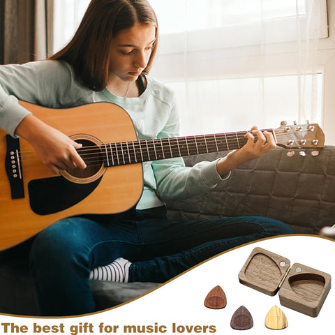 Wood Guitar Picks with Guitar Pick Box, Personalized Guitar Picks Holder, Guitar Pick Case Storage for Boyfriend Coworker Son Husband, Guitar and Bass Accessories(1Guitar Pick Holder & 3 Guitar Picks)