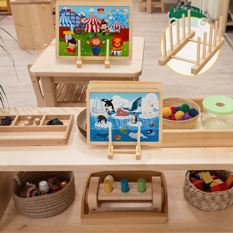 2 Pcs Wooden Puzzle Display Stand Jigsaw Holder Rack Puzzle Pot Lid Storage Organizer Shelf for Playroom Decor Craft Collection Lovers