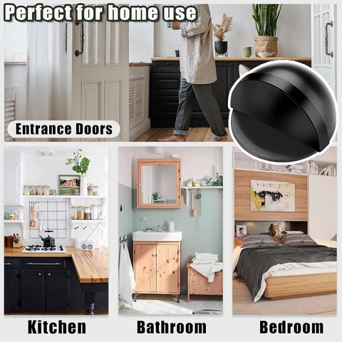 Drill-Free Floor Mounted Door Stoppers 3M Adhesive Self Adhesive Door Stoppers with Black Rubber Bumper Tips Floor Mount Half Dome Door Stopper for Office Bedroom Living Room Shower Room (Black-4Pcs)