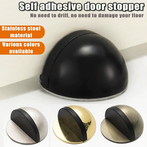 Drill-Free Floor Mounted Door Stoppers 3M Adhesive Self Adhesive Door Stoppers with Black Rubber Bumper Tips Floor Mount Half Dome Door Stopper for Office Bedroom Living Room Shower Room (Black-4Pcs)