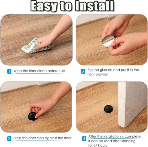 Drill-Free Floor Mounted Door Stoppers 3M Adhesive Self Adhesive Door Stoppers with Black Rubber Bumper Tips Floor Mount Half Dome Door Stopper for Office Bedroom Living Room Shower Room (Black-4Pcs)