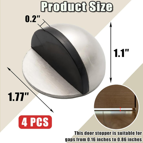 Drill-Free Floor Mounted Door Stoppers 3M Adhesive Self Adhesive Door Stoppers with Black Rubber Bumper Tips Floor Mount Half Dome Door Stopper for Office Bedroom Living Room Shower Room (Silver-4Pcs)