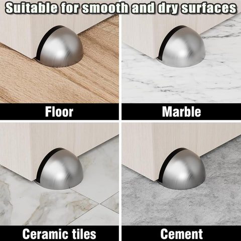 Drill-Free Floor Mounted Door Stoppers 3M Adhesive Self Adhesive Door Stoppers with Black Rubber Bumper Tips Floor Mount Half Dome Door Stopper for Office Bedroom Living Room Shower Room (Silver-4Pcs)