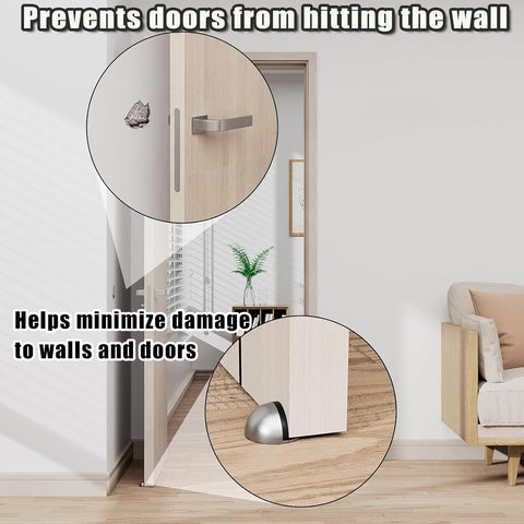 Drill-Free Floor Mounted Door Stoppers 3M Adhesive Self Adhesive Door Stoppers with Black Rubber Bumper Tips Floor Mount Half Dome Door Stopper for Office Bedroom Living Room Shower Room (Silver-4Pcs)