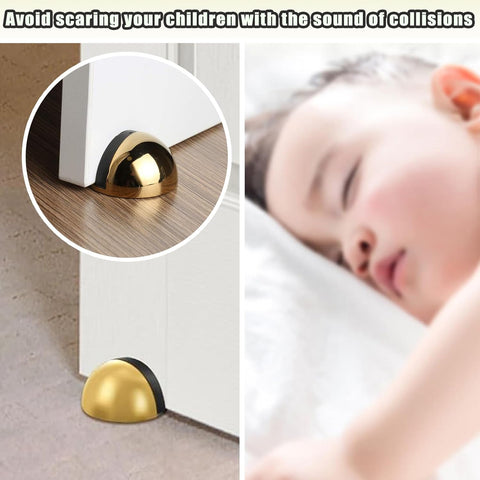 Drill-Free Floor Mounted Door Stoppers 3M Adhesive Self Adhesive Door Stoppers with Black Rubber Bumper Tips Floor Mount Half Dome Door Stopper for Office Bedroom Living Room Shower Room (Gold-2Pcs)