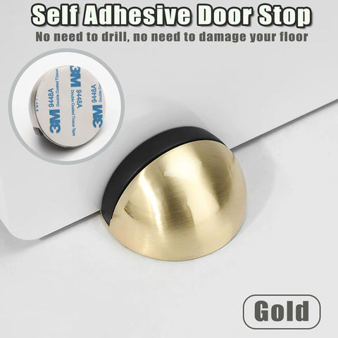 Drill-Free Floor Mounted Door Stoppers 3M Adhesive Self Adhesive Door Stoppers with Black Rubber Bumper Tips Floor Mount Half Dome Door Stopper for Office Bedroom Living Room Shower Room (Gold-4Pcs)