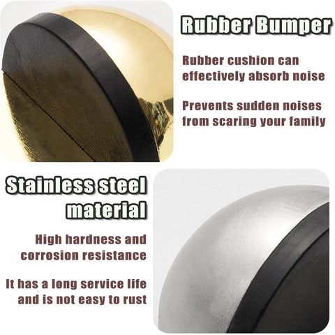 Drill-Free Floor Mounted Door Stoppers 3M Adhesive Self Adhesive Door Stoppers with Black Rubber Bumper Tips Floor Mount Half Dome Door Stopper for Office Bedroom Living Room Shower Room (Gold-4Pcs)