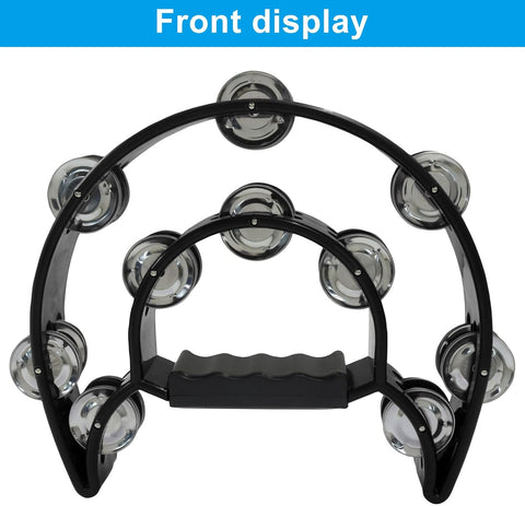Tambourine Double Row, Metal Jingles Hand Held Percussion, Half Moon Tambourine for Kids/Adults/Party Kids-Black