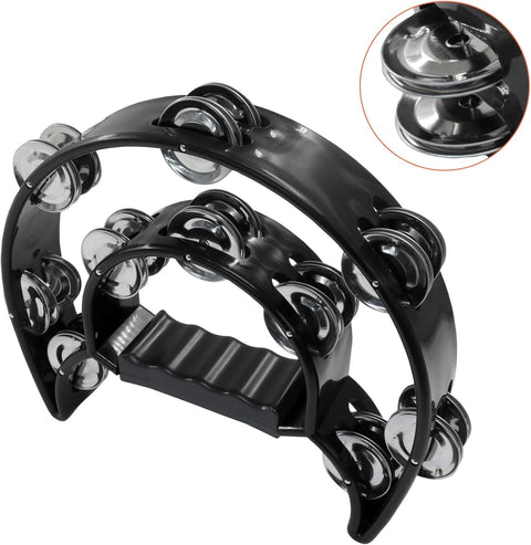 Tambourine Double Row, Metal Jingles Hand Held Percussion, Half Moon Tambourine for Kids/Adults/Party Kids-Black